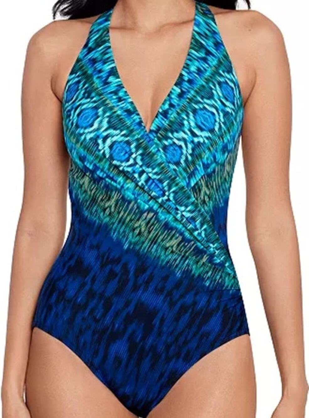 Miraclesuit Alhambra Wrapsody Tummy Control One-Piece Swimsuit Plunging Blue 14